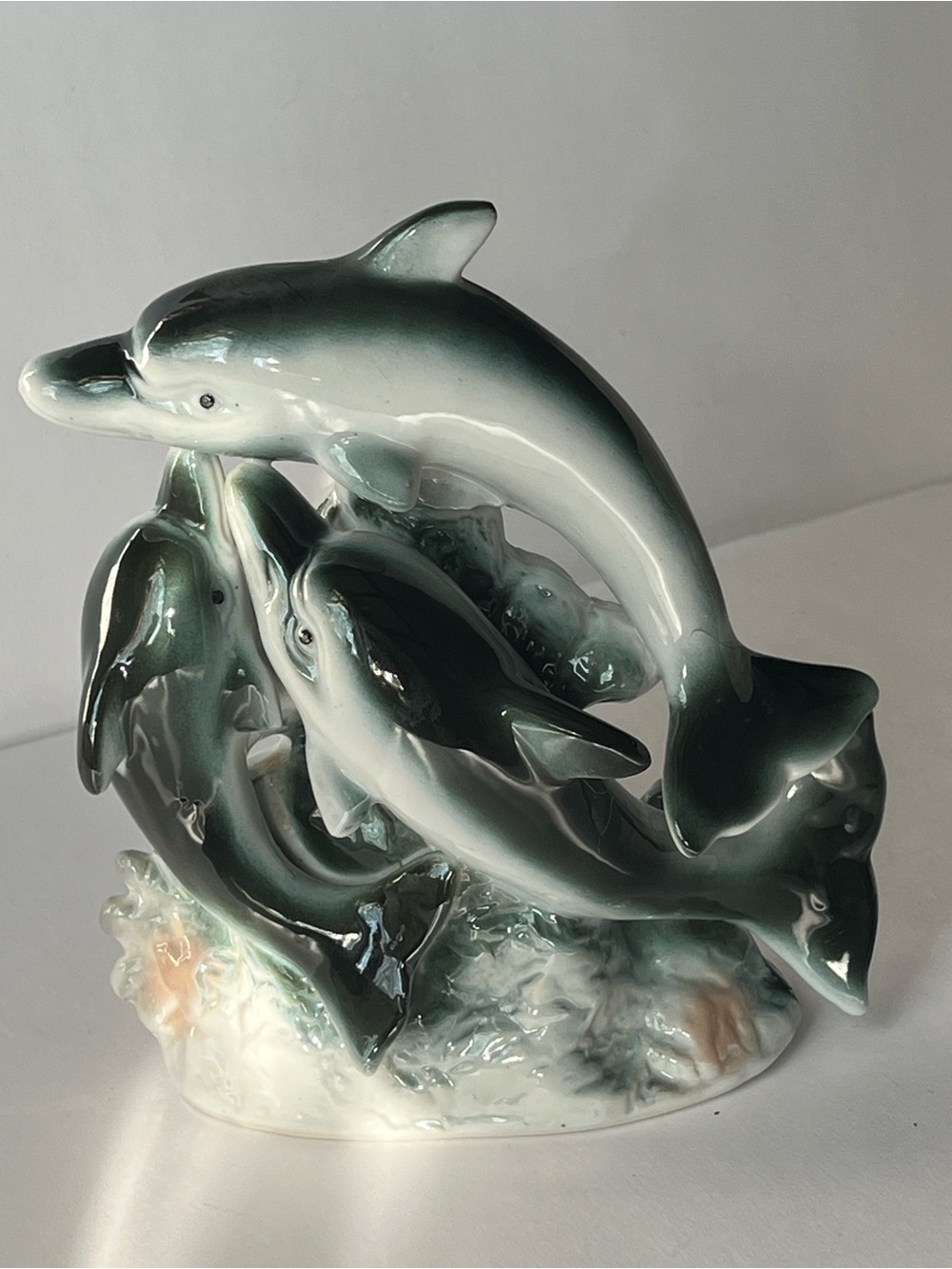 Vintage Glossy Porcelain Dolphin Trio Figurine